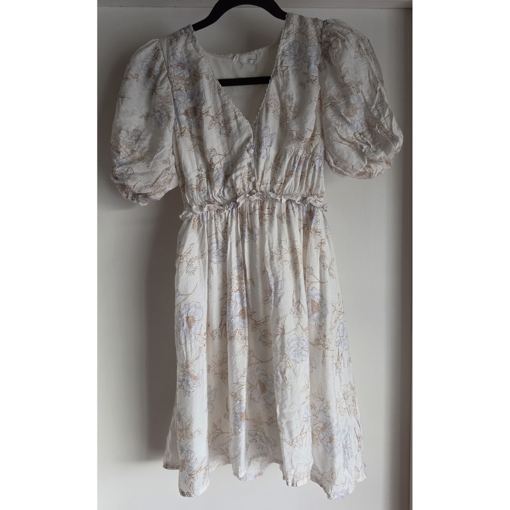 By The River Floral Mini Dress S White Blue Boho V-Neck Short Sleeve Sundress